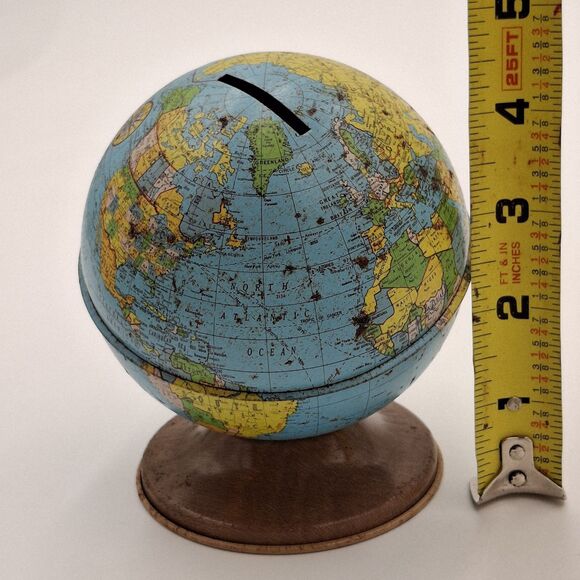 VTG Ohio Art Tin Metal Litho Earth Globe World Coin Piggy Savings Bank W/Stopper - Picture 10 of 10